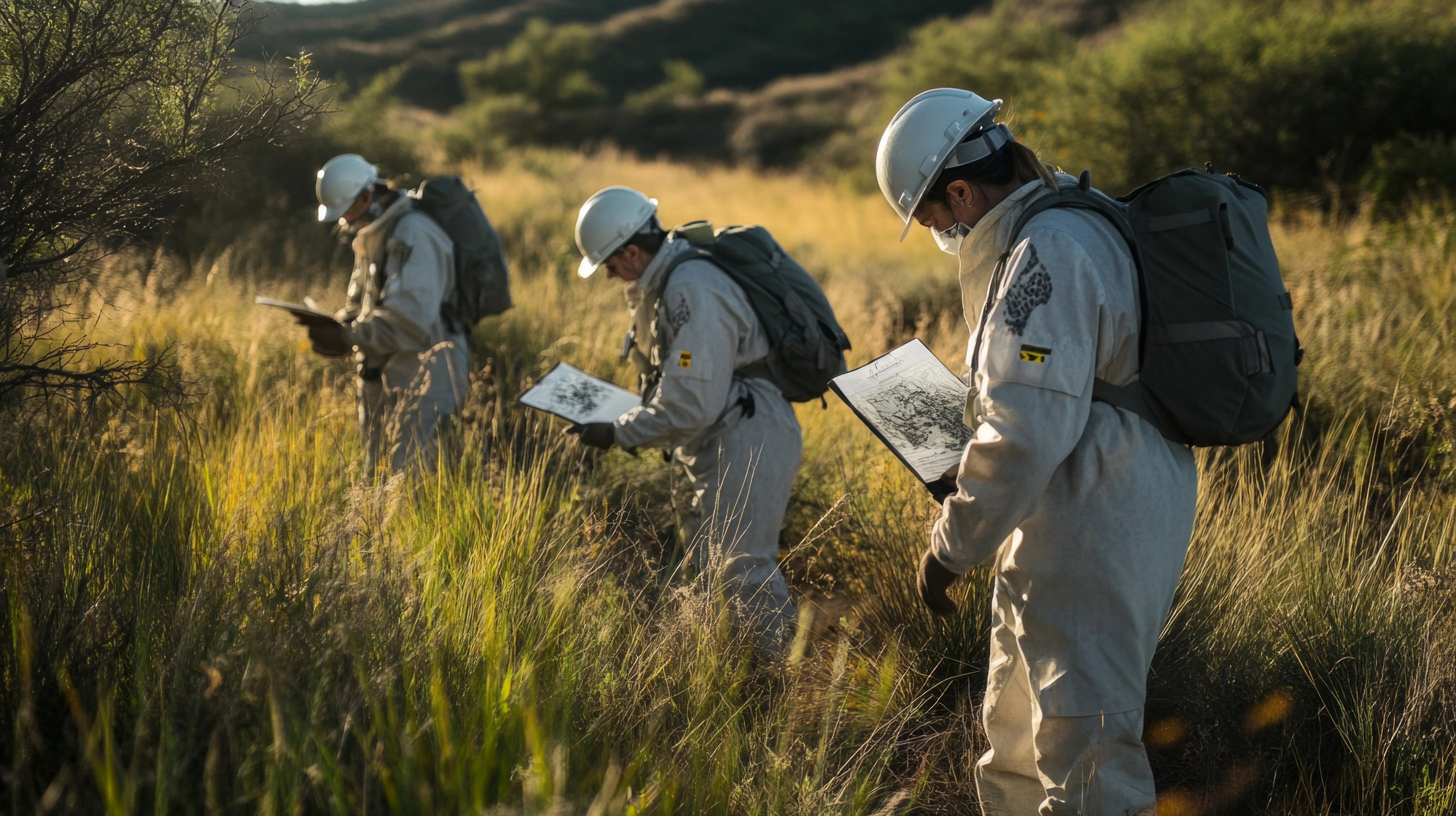 Entdecker in Raumanzügen untersuchen die üppige Umgebung um sie herum. Sie sammeln Daten und erforschen den Lebensraum. Ein klarer, heller Tag trägt zur Atmosphäre wissenschaftlicher Entdeckung bei. KI